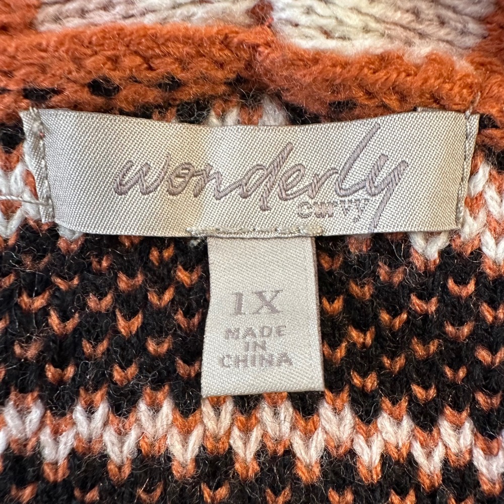 Wonderly Southwestern Aztec Fringe Belted Cardigan Sweater Teal Rust 1X - Picture 7 of 9